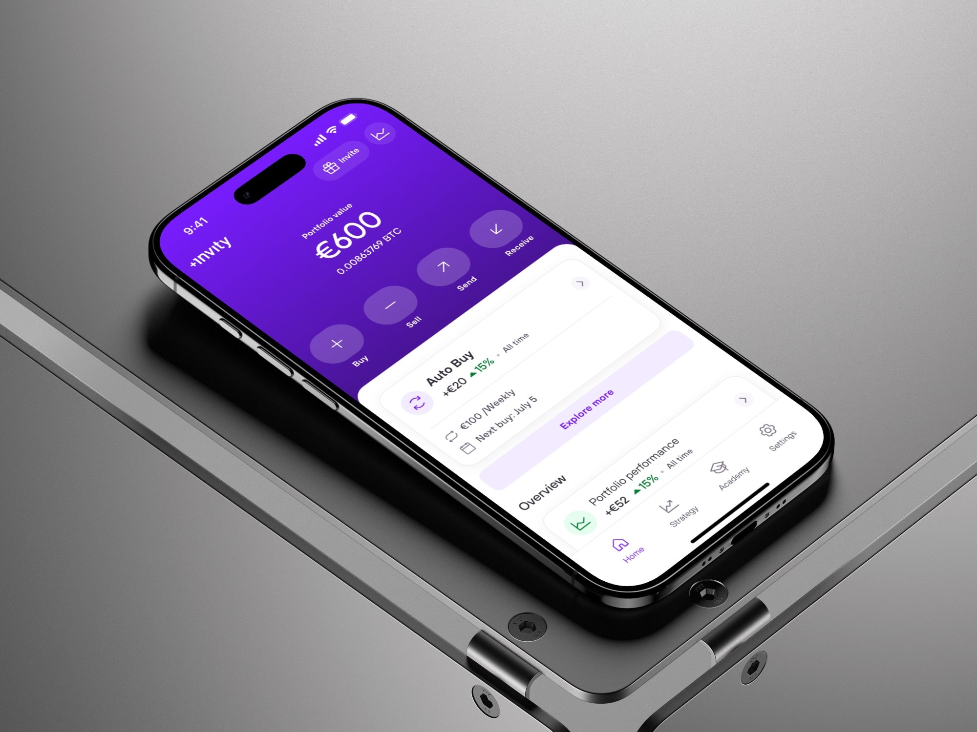 Cover — Invity app hero (home / Auto Buy on device)